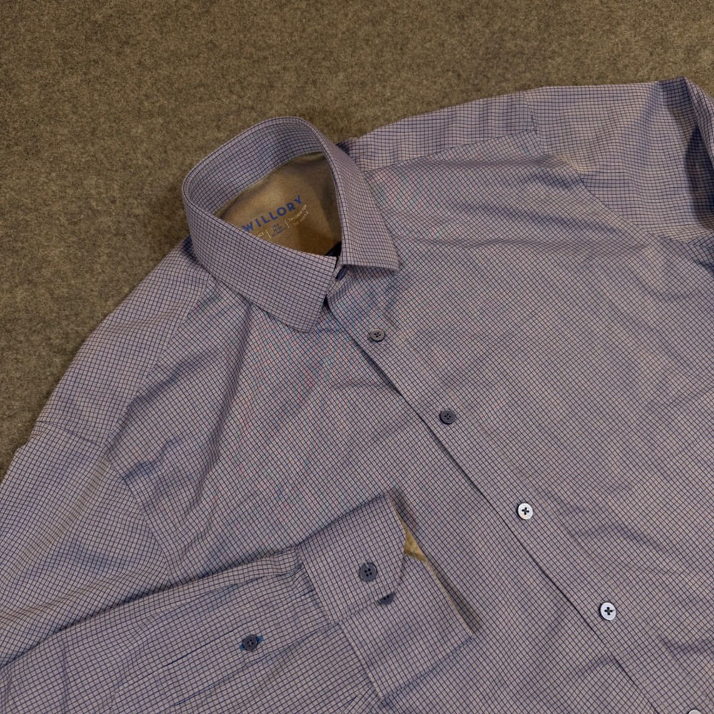 Twillory Performance Dress Shirt Mens 16.5 34/35 Tailored Fit Blue Micro Check